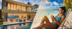 Casa de lujo con piscina y persona disfrutando de la playa mientras usa el móvil. Luxury house with a pool and a person enjoying the beach while using their phone.