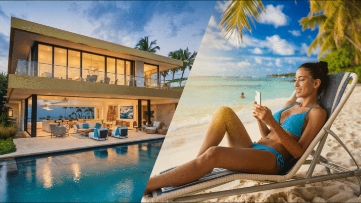 Casa de lujo con piscina y persona disfrutando de la playa mientras usa el móvil. Luxury house with a pool and a person enjoying the beach while using their phone.
