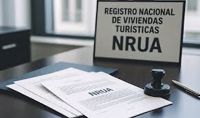 Documentos relacionados con el Registro Nacional de Viviendas Turísticas (NRUA) sobre una mesa con un sello.. Rua, nrua, nra, registro de alquiler unico ventanilla, teresa gestora de alquiler vacacional, colegio de registradores. Documents related to the National Registry of Tourist Housing (NRUA) on a table with a stamp.