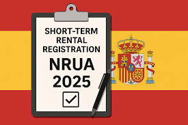 Documento de registro de alquileres de corta duración NRUA 2025 con la bandera de España. Short-term rental registration document NRUA 2025 with the Spanish flag.