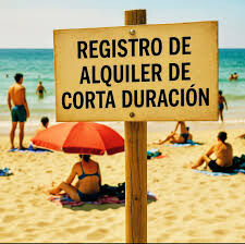 ES: Cartel en la playa que indica “Registro de alquiler de corta duración” EN: Beach sign that reads “Short-term rental registration”. Rua, nrua, nra, registro de alquiler unico ventanilla, teresa gestora de alquiler vacacional, colegio de registradores,