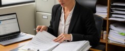 Teresa gestora de alquiler trabajando como gestora de alquileres, revisando documentos en una oficina. Woman working as a rental manager, reviewing documents in an office.