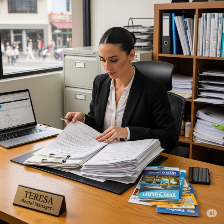 Teresa gestora de alquiler trabajando como gestora de alquileres, revisando documentos en una oficina. Woman working as a rental manager, reviewing documents in an office.