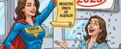 Ilustración de una superheroína con el nombre "Teresa Gestora de Alquiler" entregando el "Registro Único de Alquiler" en un ambiente de celebración. Illustration of a superheroine named "Teresa Gestora de Alquiler" handing over the "Unique Rental Registration" in a celebratory atmosphere.
