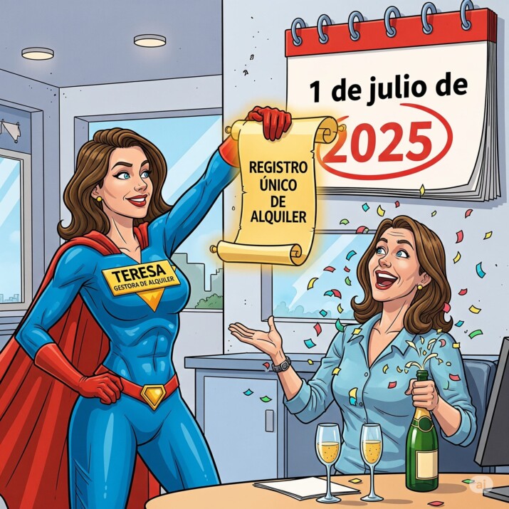Ilustración de una superheroína con el nombre "Teresa Gestora de Alquiler" entregando el "Registro Único de Alquiler" en un ambiente de celebración. Illustration of a superheroine named "Teresa Gestora de Alquiler" handing over the "Unique Rental Registration" in a celebratory atmosphere.